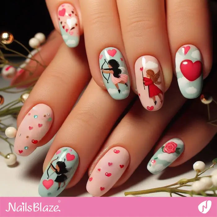 Nail Design with Cupid Angels in the Sky | Valentine Nails - NB2375
